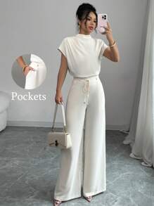 Chiquease Conjunto elegante y casual de 2 piezas para mujer: blusa sin mangas de cuello redondo tejida en tono albaricoque y pantalón ancho tejido también en albaricoque. Conjunto de camisa albaricoque y pantalón ancho largo en albaricoque. Conjunto casual de primavera para mujer. - Albaricoque - Ver 3