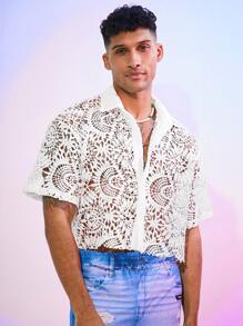 FeverCity Men's Loose Water-Soluble Lace Short Sleeve Shirt