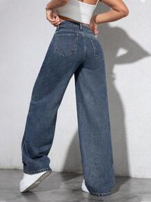 SHEIN ICON 女士口袋阔腿宽松休闲百搭牛仔裤