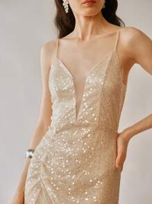 Uhlyne Women's Deep V-Neck Sequin Cami Backless Split Hem Elegant Dress