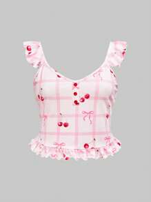 ROMWE Kawaii 甜美樱桃蝴蝶结格纹印花荷叶边纽扣大码家居服睡衣套装