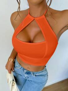 VaVaBold Women Solid Color Cutout Cropped Slim Fit Halter Top - Orange - View 1