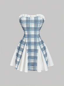 SHEIN MOD Vestido sin tirantes con aplicaciones de encaje, cuello y patchwork de cuadros