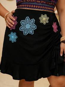 Travachic Plus Size Black Ruffle Skirt With Colorful Floral Embroidery Detail For Women