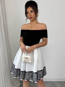 Elenzga 女士时尚新款露肩蕾丝拼接夏季度假连衣裙