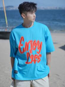DAZY Men's Colorful Letter Print Contrast Color T-Shirt, Perfect For Beach Resort & Summer - Blue - View 6