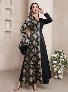 Al Najma Women's Elegant Foil Floral Print Flare Sleeve Arabic Style Dress, Arabian Dresses,Modest - Multicolor - View 6