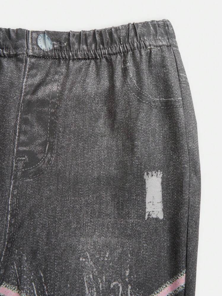 Young Girls Y2K Stylish Lovely 3D Bow Denim Effect Print Flare Ankle Pants - Multicolor - View 3