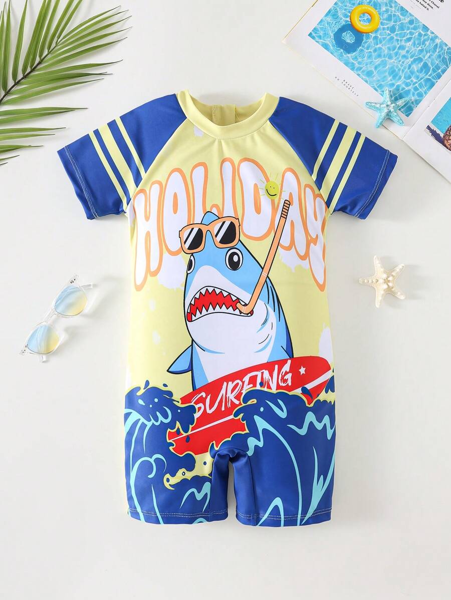 SHEIN 1 Piece Young Boy Casual Sports College Street Cute Vacation Short-Sleeved One-Piece Swimsuit With Large Pattern Suitable For Back To School Suitable For On Vacation Swimming Suitable For Daily Use Suitable For School Suitable For Travel Suitable For Sports Suitable For Spring And Summer Seasons - Yellow - View 1