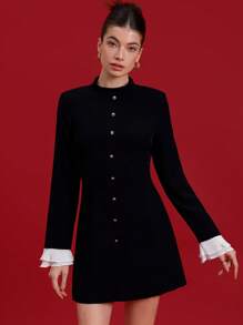 Aveloria 黑色复古立领迷你连衣裙，修身剪裁，配以别致的金色纽扣点缀，时尚优雅，适合派对、约会等，长款荷叶边袖口