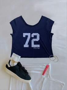 SHEIN EZwear Camiseta corta con gráfico de letras - Azul Marino - Ver 4