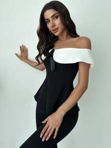 Firerie Women's Spring And Summer Elegant Romantic Fashion Commuter Sexy Fashion Office Women's Off ShoulderTop + Pants Black And White Two Pieces Set, Vacation Wear, Romantic Dating And Wedding Birthday Women's Clothes, Easter Women's Clothes, Banquet Women's Clothes, Music Festivals