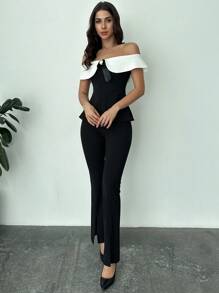 Firerie Women's Spring And Summer Elegant Romantic Fashion Commuter Sexy Fashion Office Women's Off ShoulderTop + Pants Black And White Two Pieces Set, Vacation Wear, Romantic Dating And Wedding Birthday Women's Clothes, Easter Women's Clothes, Banquet Women's Clothes, Music Festivals