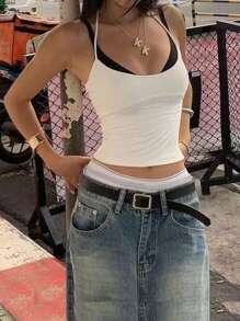 INAWLY Women Casual Solid Color Backless White Halter Tank Top - White - View 3