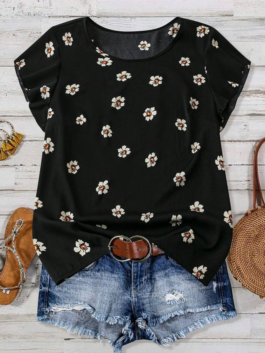 Linhara Plus Size Woman Simple Round Neck Floral Cap Sleeved Summer Outfits Clothes Loose Everything Holiday Casual Shirt - Black - View 1