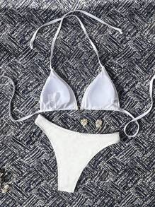 SHEIN Swim Women's Plain Textured Fabric Halter Neck Strappy Bikini Set, Vacation Style, Summer Beach - White - View 2