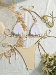 SHEIN Swim Set di bikini da donna in tinta unita con decorazione fibbia, ad alta elasticità, vintage, sexy, per spiaggia/vacanza, vacanze estive - Beige - Visualizzare 2