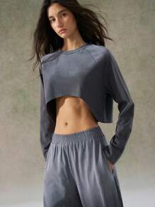 LYSMO 2025 New Arrival Spring Summer Oversized Washed Raglan Sleeve Cropped Top - Grey - View 4