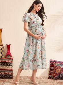 SHEIN Maternity Dress With Puff Sleeves, Tie-Front & Floral Print