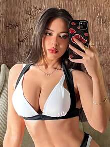 SHEIN Swim Women's Contrast Panel Halter Neck Bikini Top, Summer Beach Vacation - Black and White - View 3