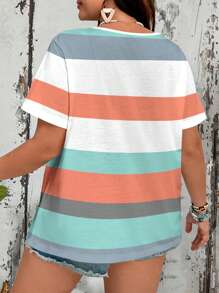EMERY ROSE Casual Simple Striped Pattern Loose Round Neck Short Sleeve Plus Size T-Shirt Suitable For Summer,Concert Women Country Spring For Women Summer For Women Boho Women Summer T Shirts Women Top - Multicolor - View 2