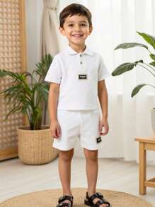 2 件套年轻男孩简约休闲短袖 Polo 衫和短裤两件套服装 - 米色 - 查看 1