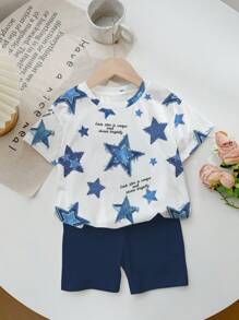SHEIN Personalized And Cool Five-Pointed Star-Shaped English Print, Young Girl Casual And Simple Short-Sleeved Shorts Two Pieces Suit Is Suitable For Summer - Multicolor - View 2