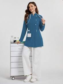 TaskEZ Simple Solid Color Stand Collar Scrub Uniform Jacket - Blue - View 3