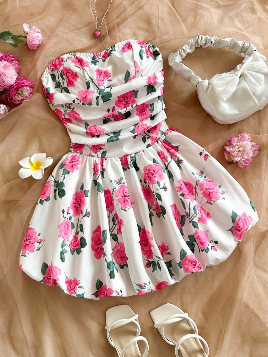 Soleia Women's Casual Rose Print Bandeau Bodycon Spring Mini Dress - White - View 1