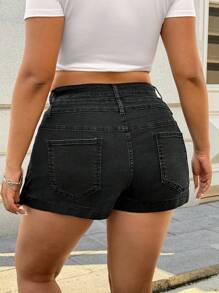 SHEIN EZwear Plus Size Denim Shorts Simple And Stylish Casual Everyday - Black - View 2