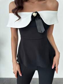 Firerie Women's Spring And Summer Elegant Romantic Fashion Commuter Sexy Fashion Office Women's Off ShoulderTop + Pants Black And White Two Pieces Set, Vacation Wear, Romantic Dating And Wedding Birthday Women's Clothes, Easter Women's Clothes, Banquet Women's Clothes, Music Festivals