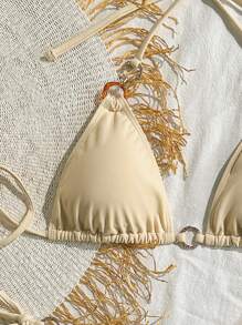 SHEIN Swim Set di bikini da donna in tinta unita con decorazione fibbia, ad alta elasticità, vintage, sexy, per spiaggia/vacanza, vacanze estive - Beige - Visualizzare 3