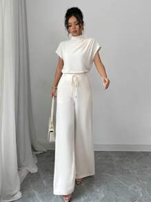 Chiquease Conjunto elegante y casual de 2 piezas para mujer: blusa sin mangas de cuello redondo tejida en tono albaricoque y pantalón ancho tejido también en albaricoque. Conjunto de camisa albaricoque y pantalón ancho largo en albaricoque. Conjunto casual de primavera para mujer. - Albaricoque - Ver 5