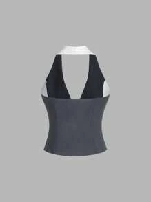 Femmeiva Slim-Fit Cropped American Style Tank Top For Women, Deep V-Neck, Contrast Color, Front Zipper Design - Multicolor - View 2