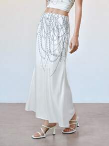 SHEIN Unity Women's Pearl 3D Print Sexy Low Waist Casual Skirt, Spring/Summer - White - View 6
