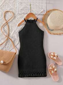 SHEIN Girls Tassel Decor Twisted Knit Dress, Suitable For Outdoor & Beach Vacation, Summer