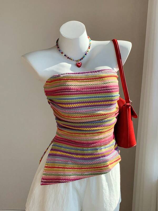 Comfortcana 2025 Spring & Summer Plus Size Women Colorful Striped Bandeau Top, Casual Resort Wear