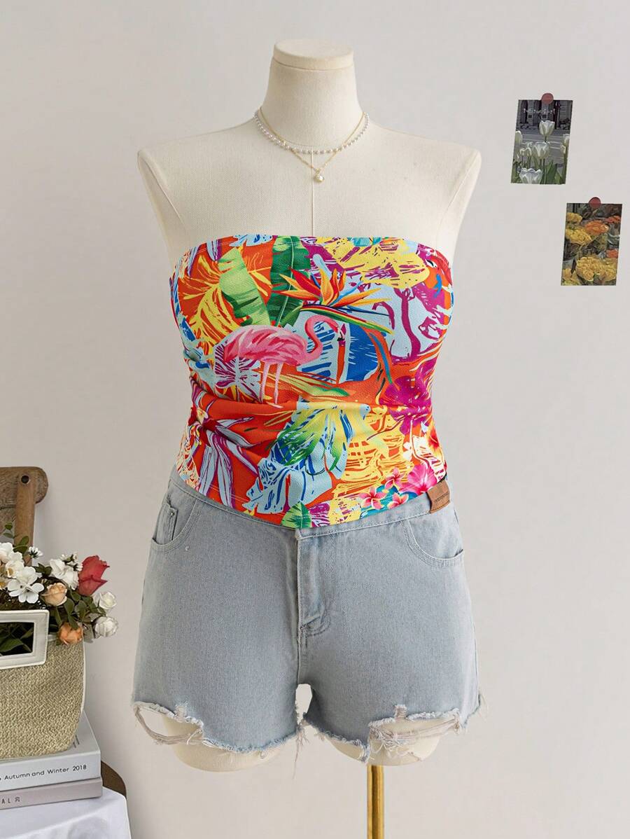 Soleia Women's Plus Size Vacation Spring Tropical Floral Print Tube Top - Multicolor - View 1