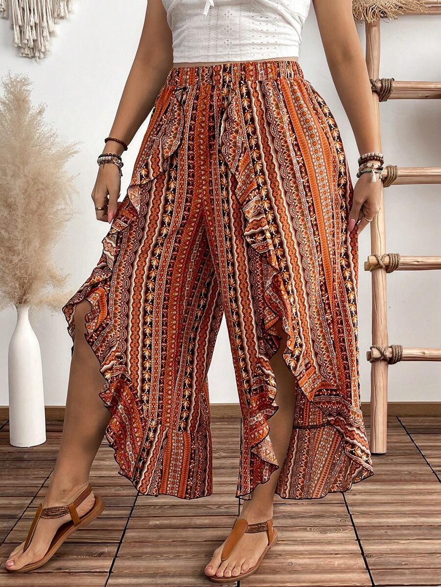 SHEIN Clasi Plus Size Women Floral Retro Print Vacation Wide Leg Pants With Ruffle Hem - Yellow - View 1