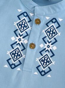 Cozy Pixies Young Boy Geo Print Mock Neck Tee & Shorts - Blue - View 6