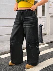SHEIN EZwear Women's Plus Size Washed Wide Leg Cargo Jeans