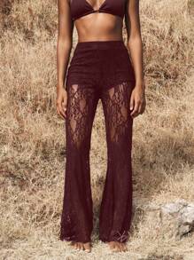 Opulessa Pantalones largos de mujer con cintura alta, con volados y encaje, ideales para vacaciones