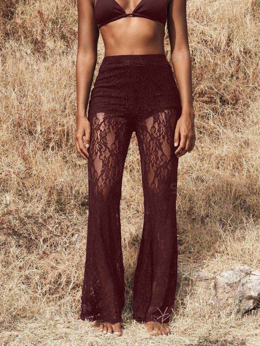 Opulessa Pantalones largos de mujer con cintura alta, con volados y encaje, ideales para vacaciones