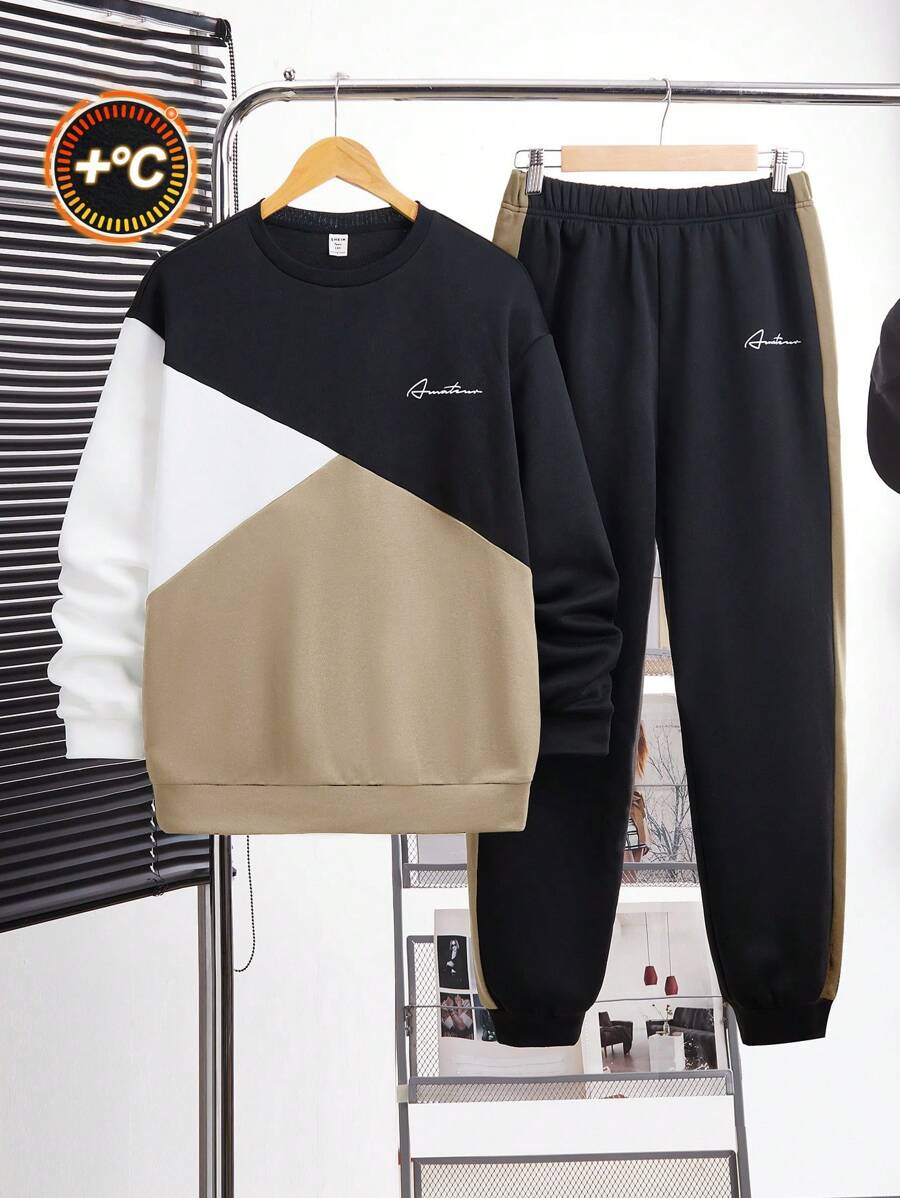 SHEIN Bộ 2 quần nỉ cổ tròn in chữ hình học màu sắc giải trí dành cho bé trai tuổi teen, rộng rãi, thoải mái, ấm áp, thích hợp đi học, ngoài trời, chơi thể thao vào mùa thu và mùa đông - Màu Khaki - Xem 1