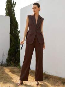 Aveloria Modichic Conjunto de 2 piezas para mujer para ir a trabajar, con chaqueta de metal con hebilla en el cuello en V sin mangas y pantalones de pierna ancha - Café integral - Ver 4