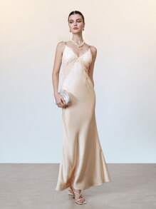 SHEIN LUNE Women's French Style Lace Faux Silk Blend Diamond Strap Sexy Fitted Deep V-Neck Maxi Fishtail Dress, Suitable For Party Spring/Summer - Champagne - View 7