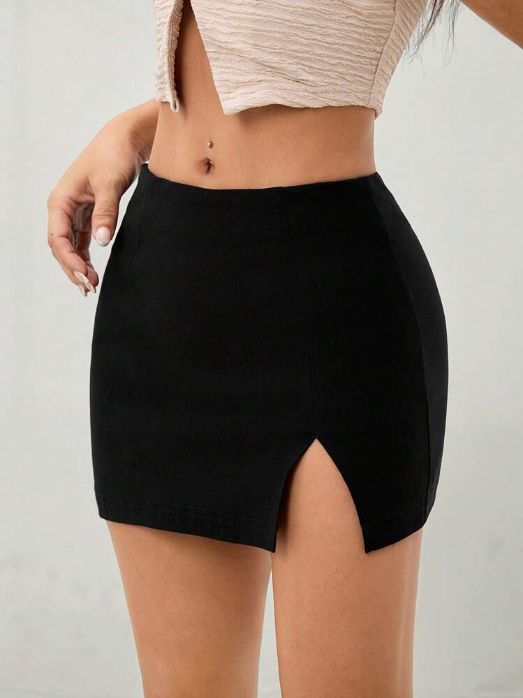 SHEIN PETITE Women's Solid Color Split Hem Minimalist Fitted Skirt, Casual Daily Wear - Black - View 3
