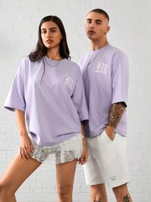Manfinity VCAY Unisex Casual Loose Drop Shoulder Round Neck Short Sleeve T-Shirt With Embroidered Pattern, Suitable For Daily Wear - Mauve Purple - View 1