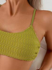 SHEIN Swim Conjunto de traje de baño de 2 piezas para vacaciones de verano, de tela de jacquard amarillo mostaza con sujetador y Bottom con cortes laterales y atar a la cintura, para la playa