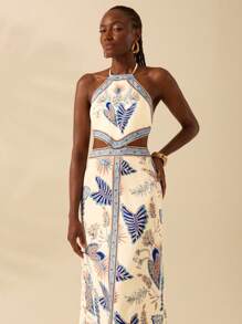 CAJUNI Vestido largo casual de verano con diseño tropical de plantas y flores, recorte en la cintura, espalda abierta y mariposas de colores, para vacaciones - Multicolor - Ver 1